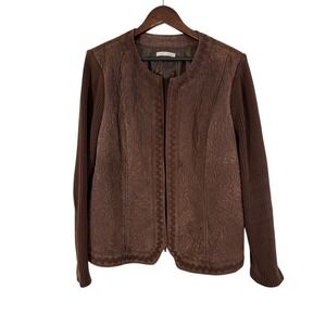 Women’s Brown Genuine Leather Jacket Peter Nygard Ribbed Sleeve Full Zip‎ Jacket